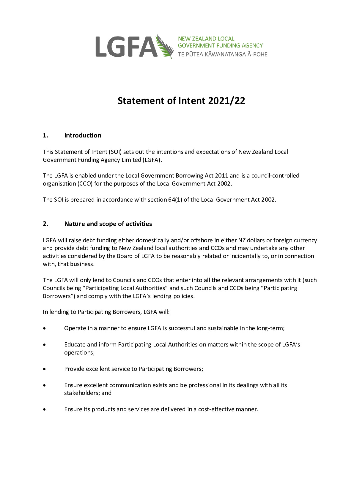 2021-22 LGFA Statement of Intent