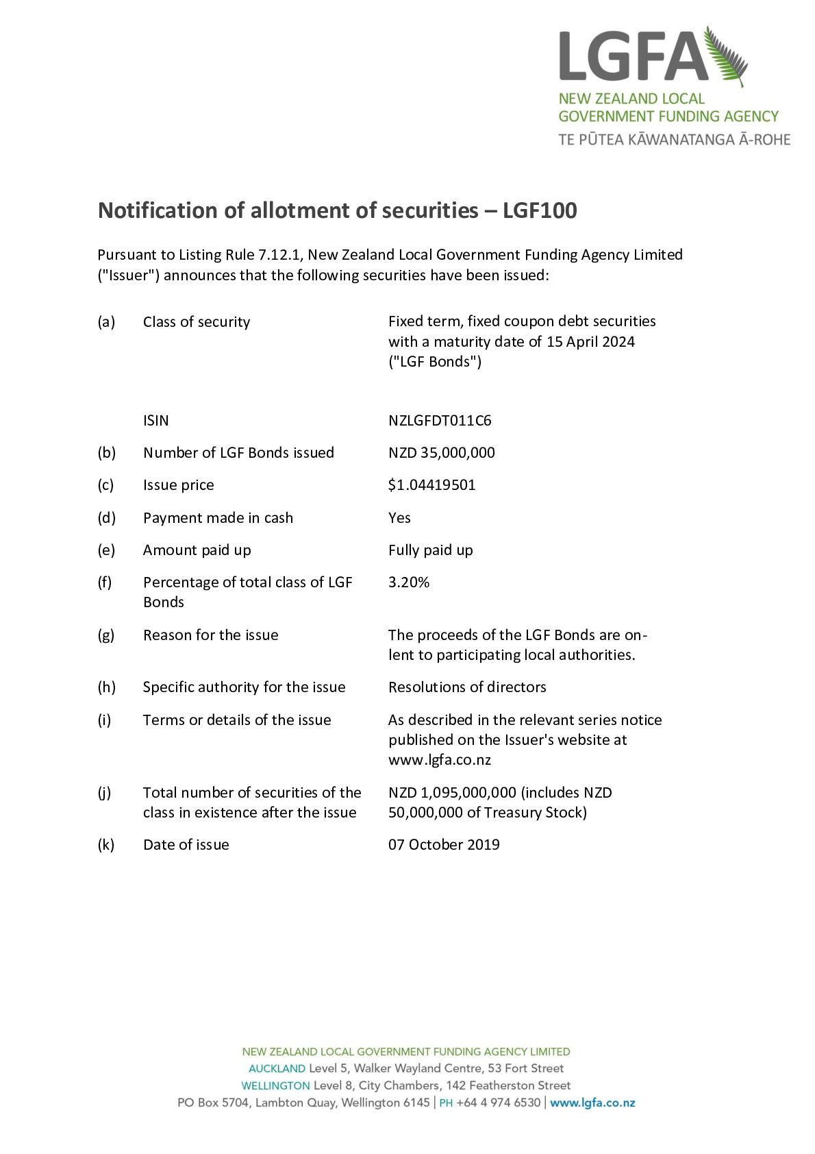 NZX ALLOT 15 April 2024 - Tender 66