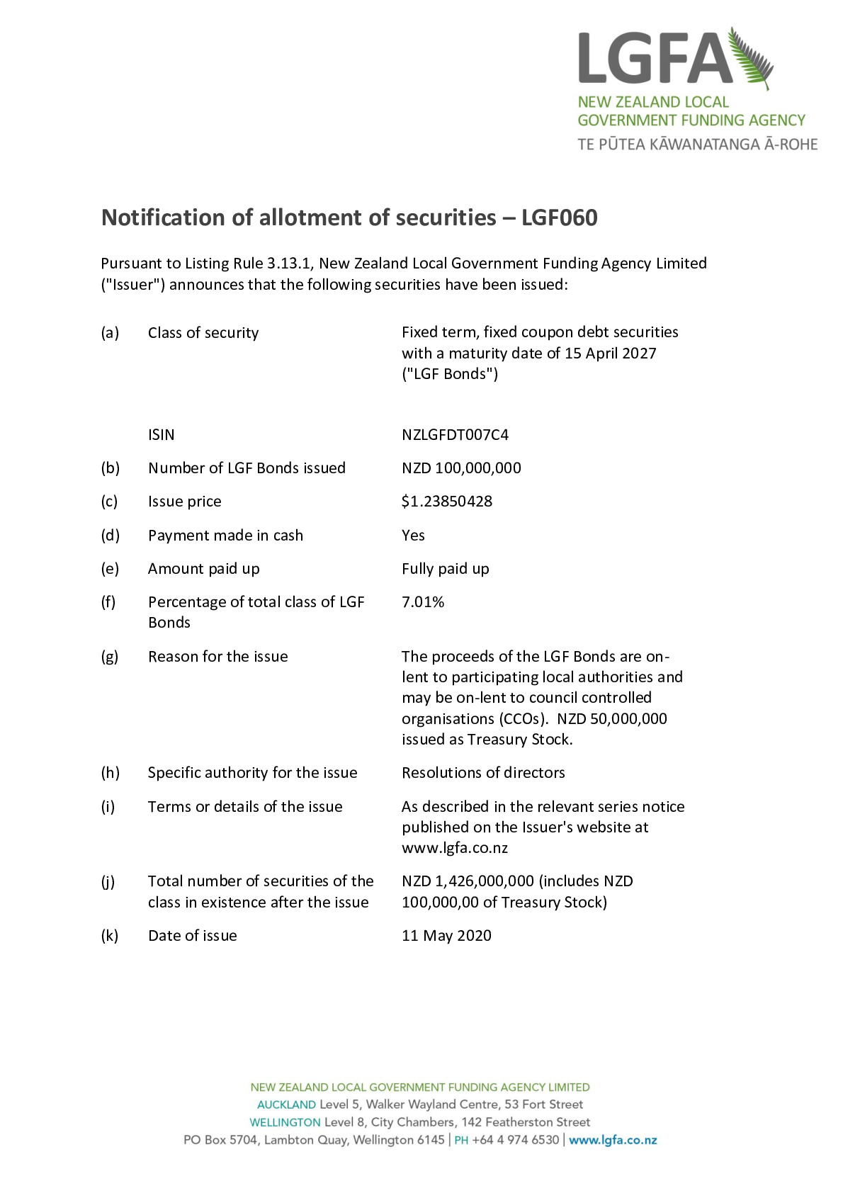 NZX ALLOT 15 April 2027 - Tender 71