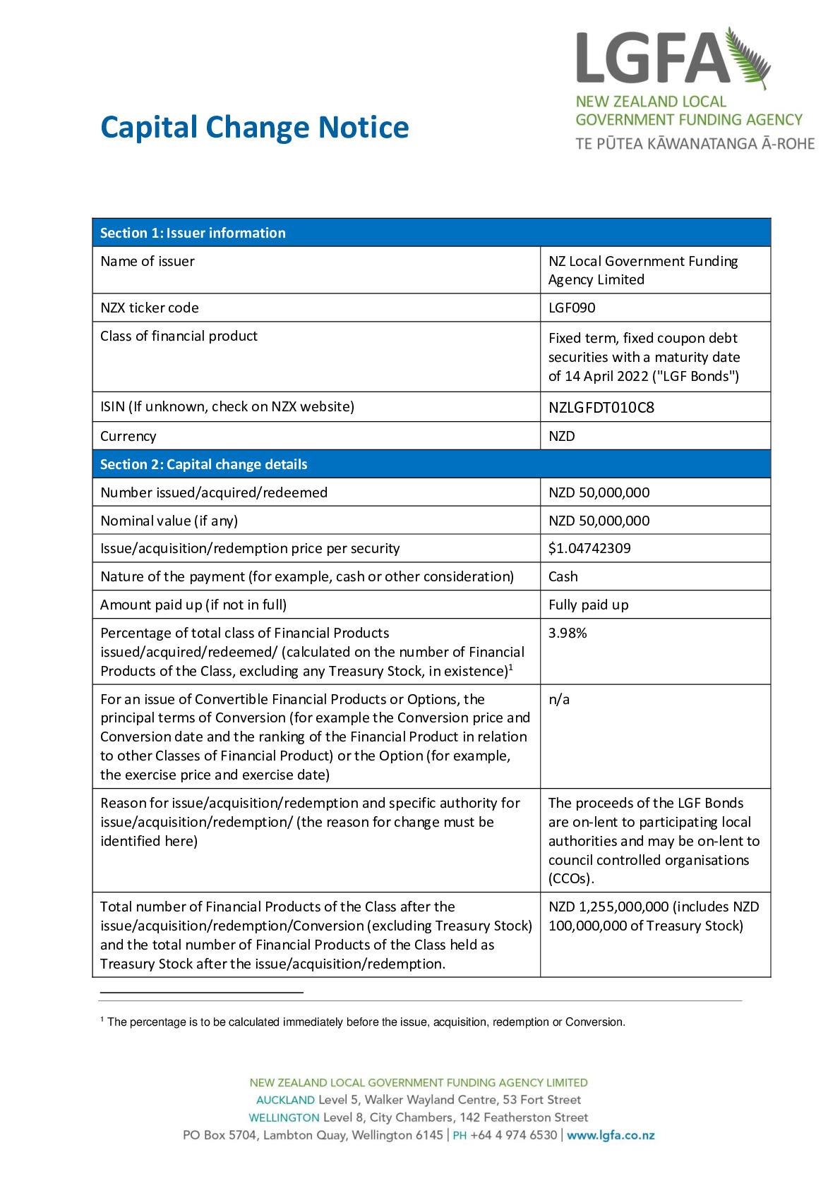 NZX Capital Change Notice 14 April 2022 - Tender72