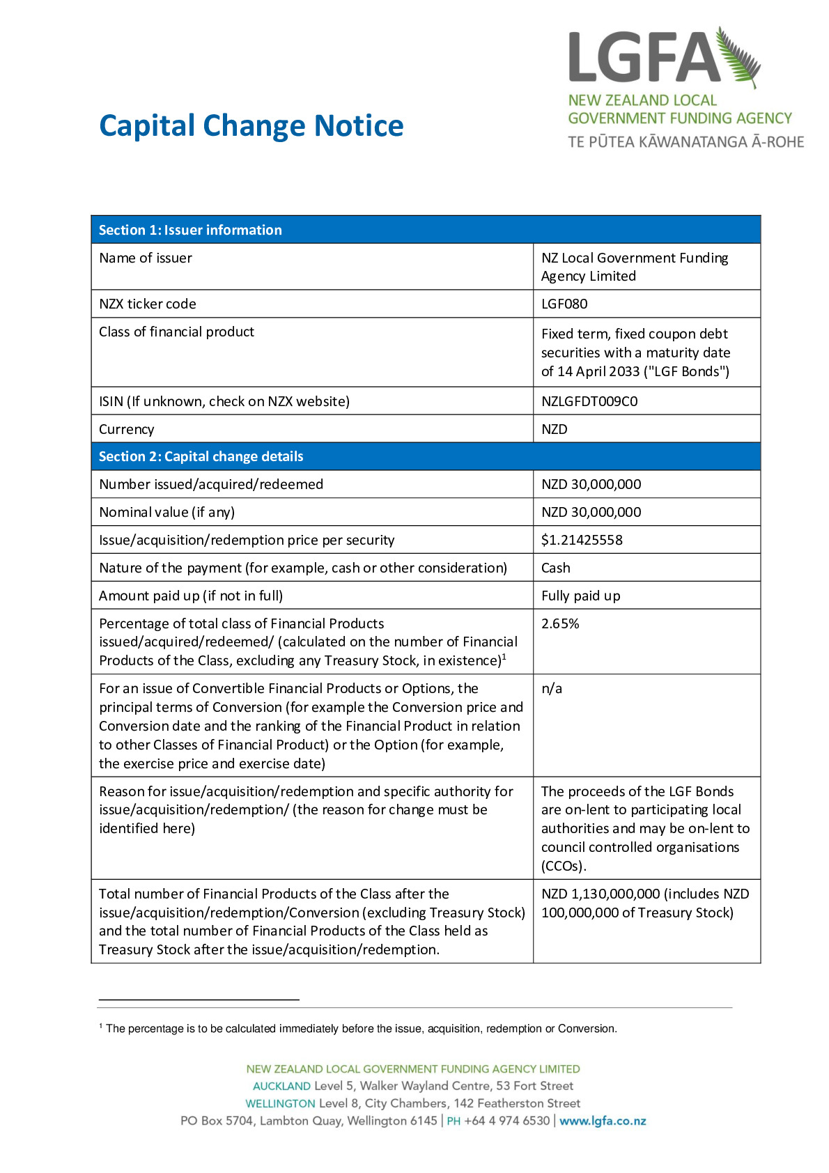 NZX Capital Change Notice 14 April 2033 - Tender 72