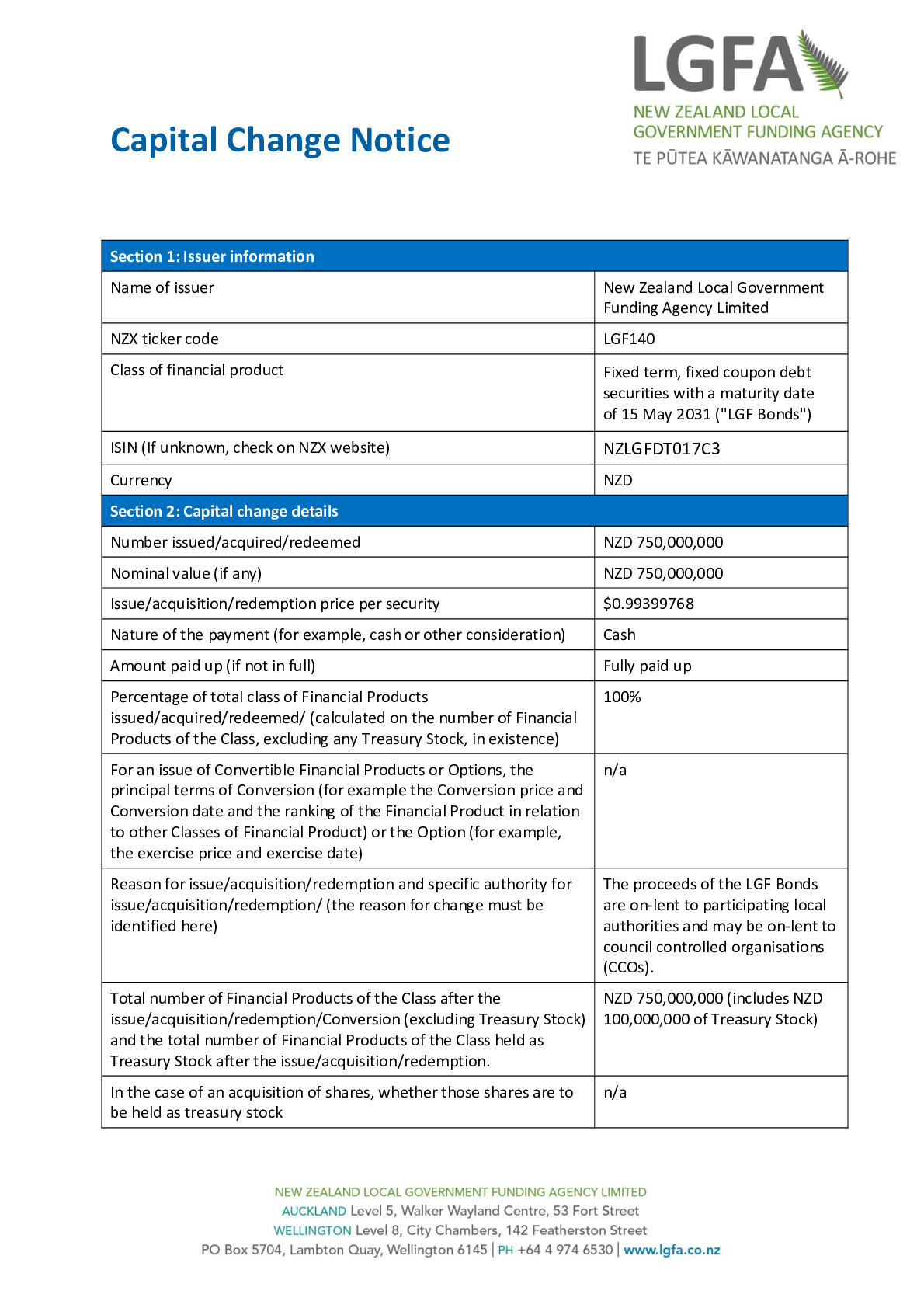 NZX Capital Change Notice Template 15 May 2031 Current