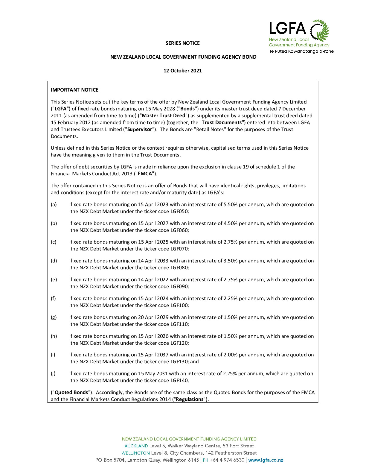 Series Notice (2028 Bond) - LGFA October 2021 Bond Syndication 12.10.21
