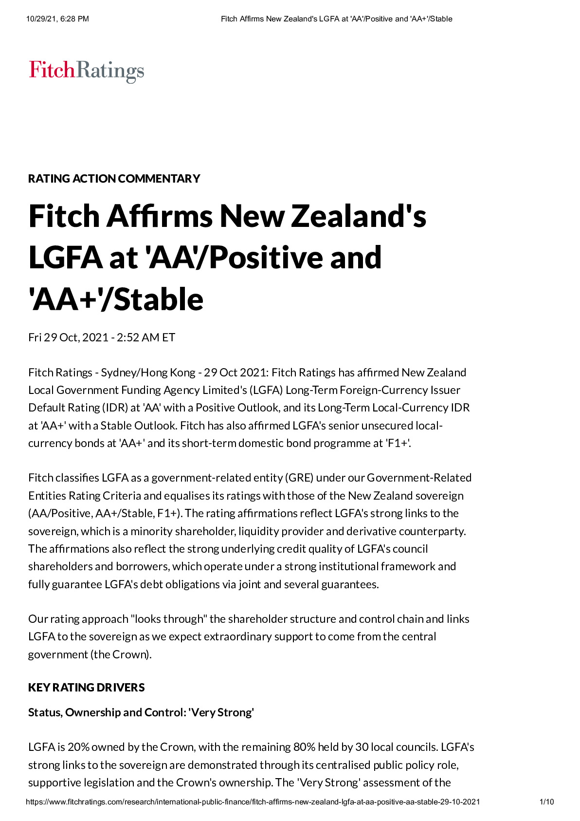 Fitch Affirms New Zealand's LGFA at 'AA'_Positive and 'AA+'_Stable