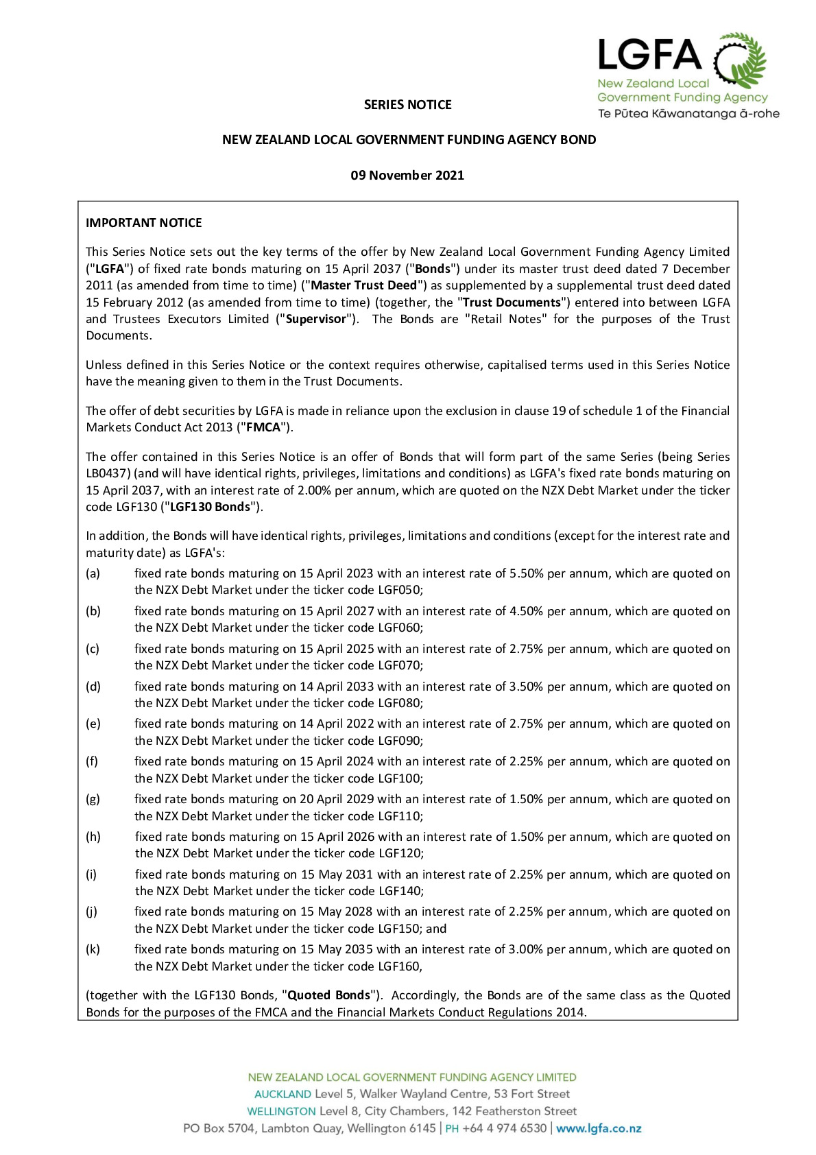 LGFA Series Notice 15 Apr 2037 - Tender 85