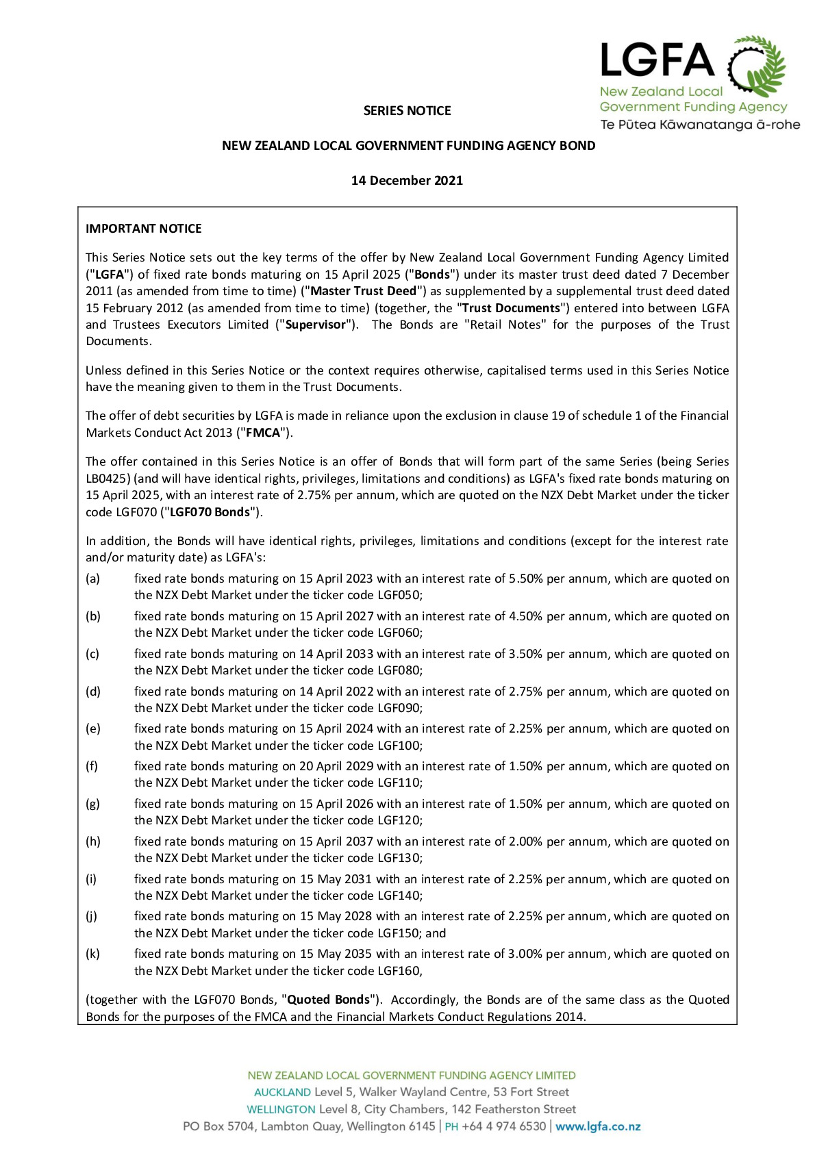 LGFA Series Notice 15 April 2025 - Tender 86
