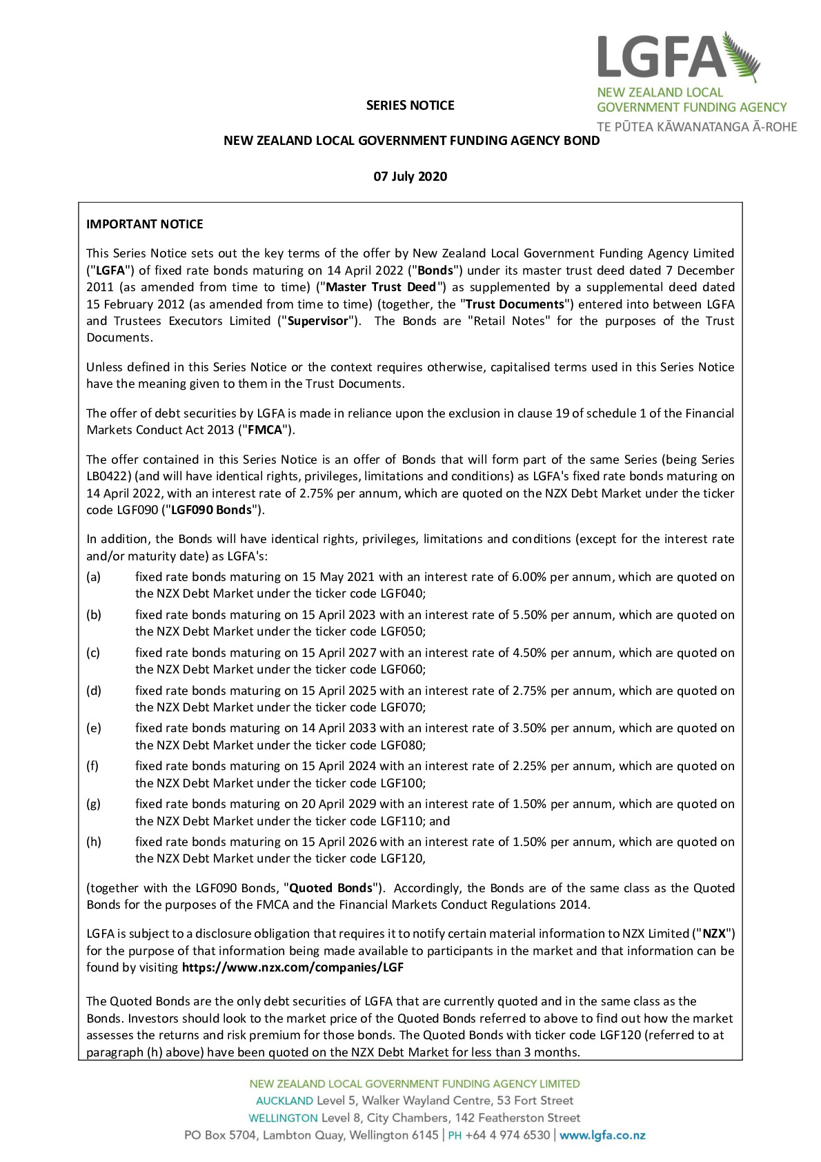 LGFA Series Notice Template 14 Apr 2022 - QFP Tap of Existing Series