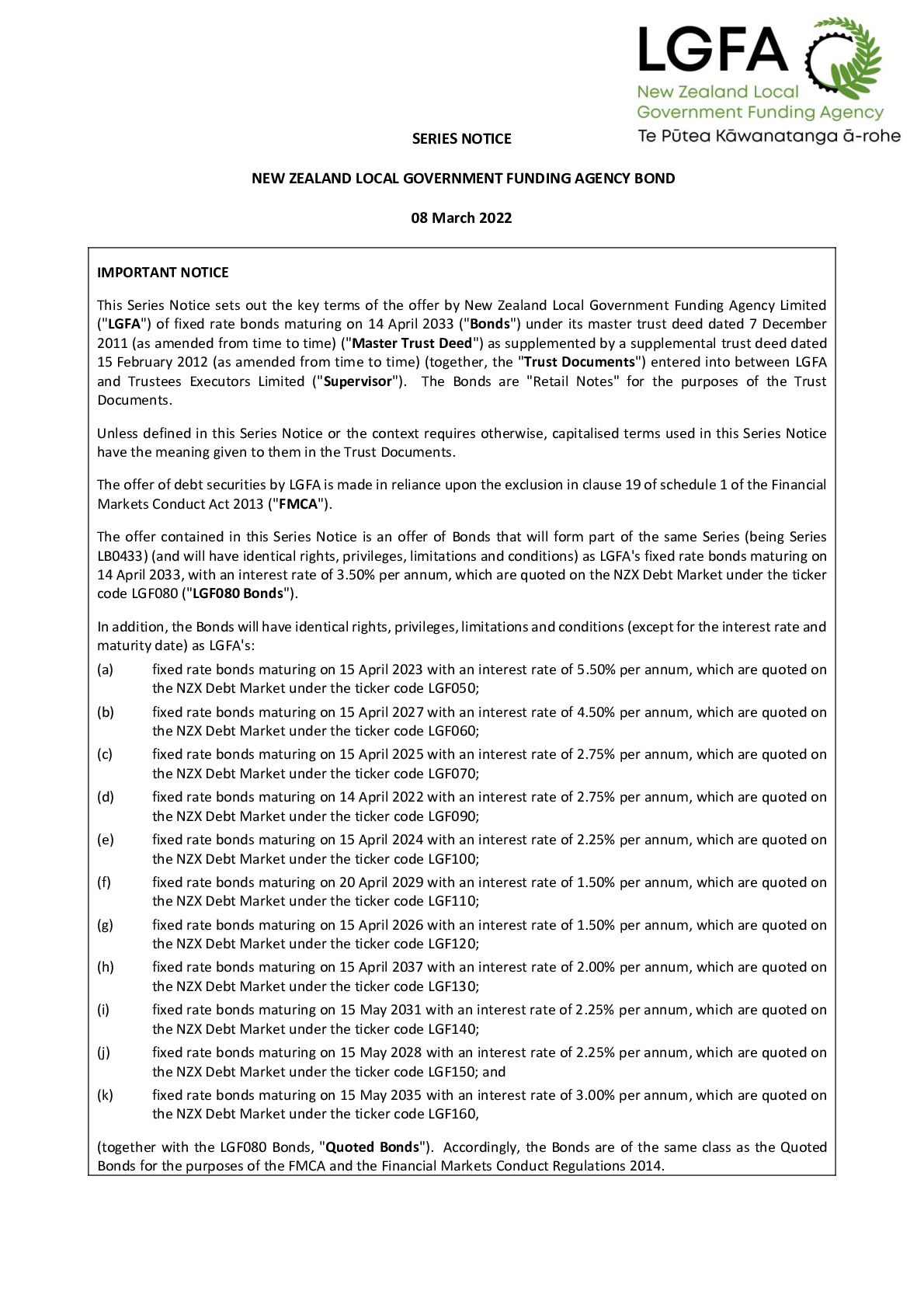 LGFA Series Notice  14 Apr 2033 - Tender 88