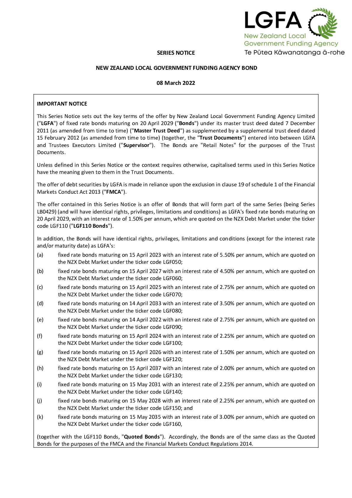 LGFA Series Notice 20 Apr 2029 - Tender 88