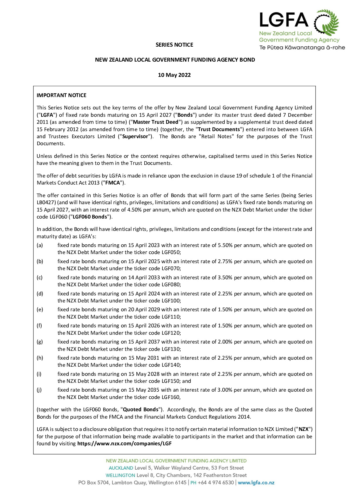 LGFA Series Notice  15 Apr 2027 - Tender 89