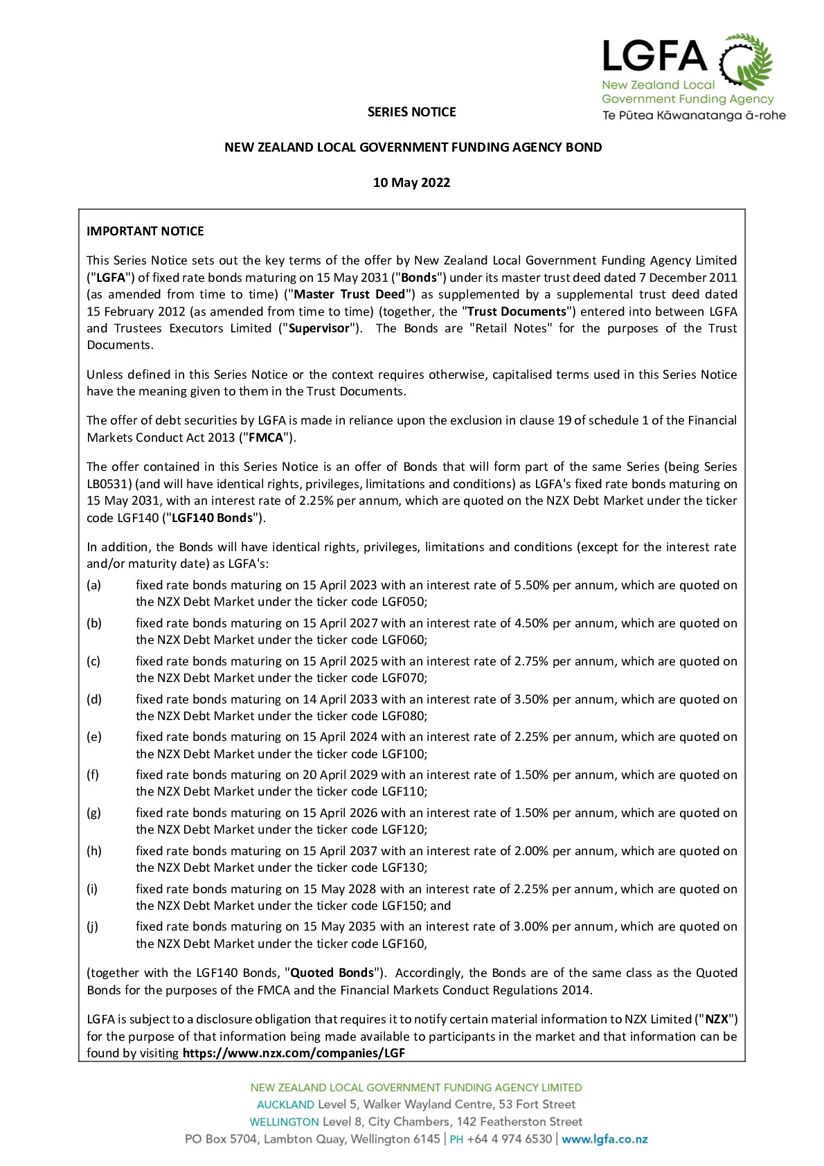 LGFA Series Notice 15 May 2031 - Tender 89