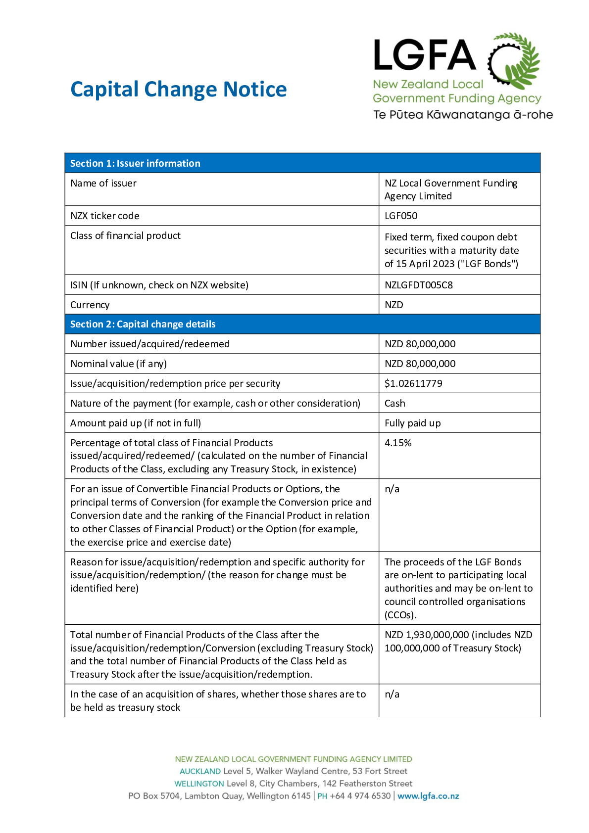 NZX Capital Change Notice 15 April 2023 - Tender 89
