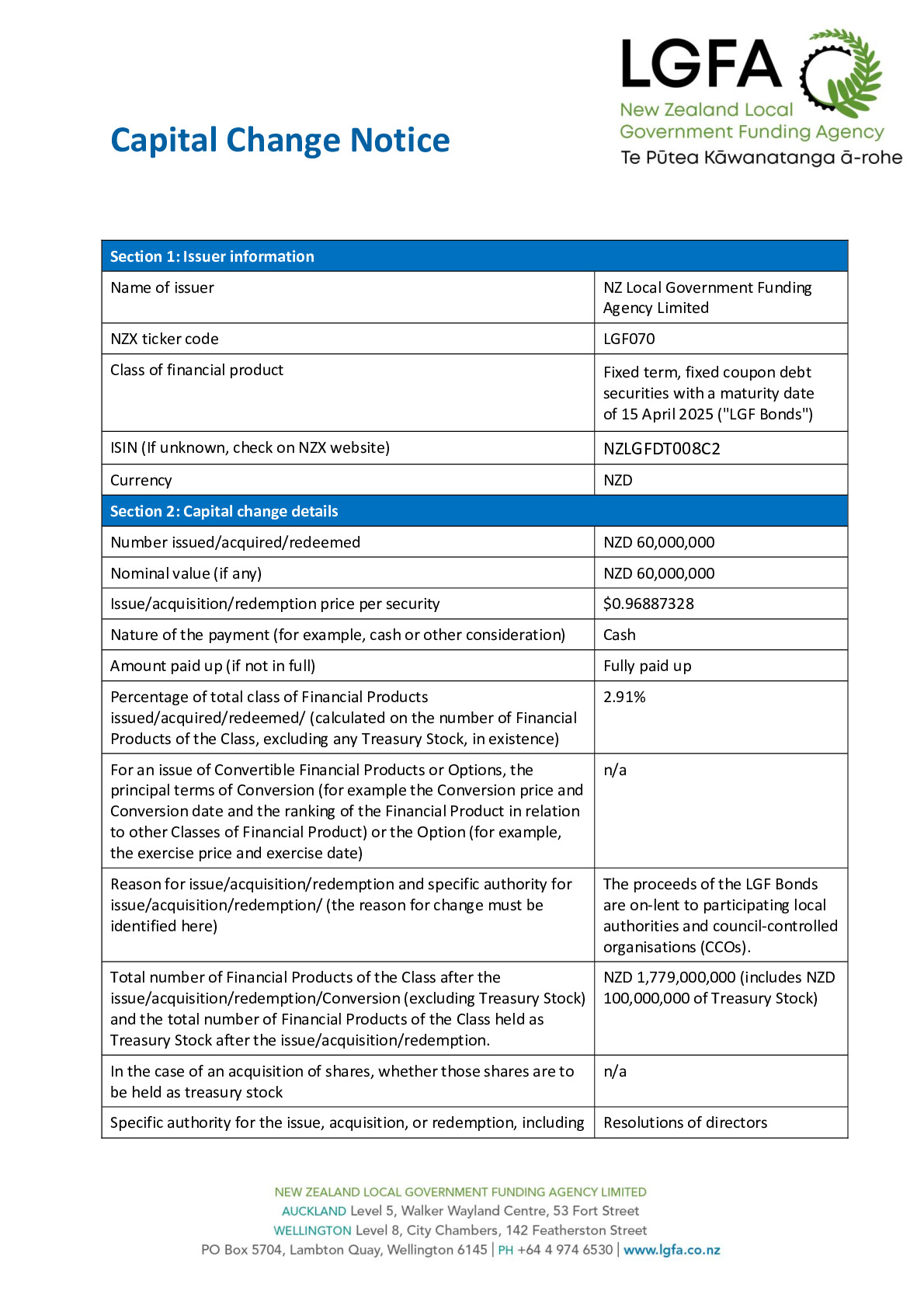 NZX Capital Change Notice 15 April 2025 - Tender 90