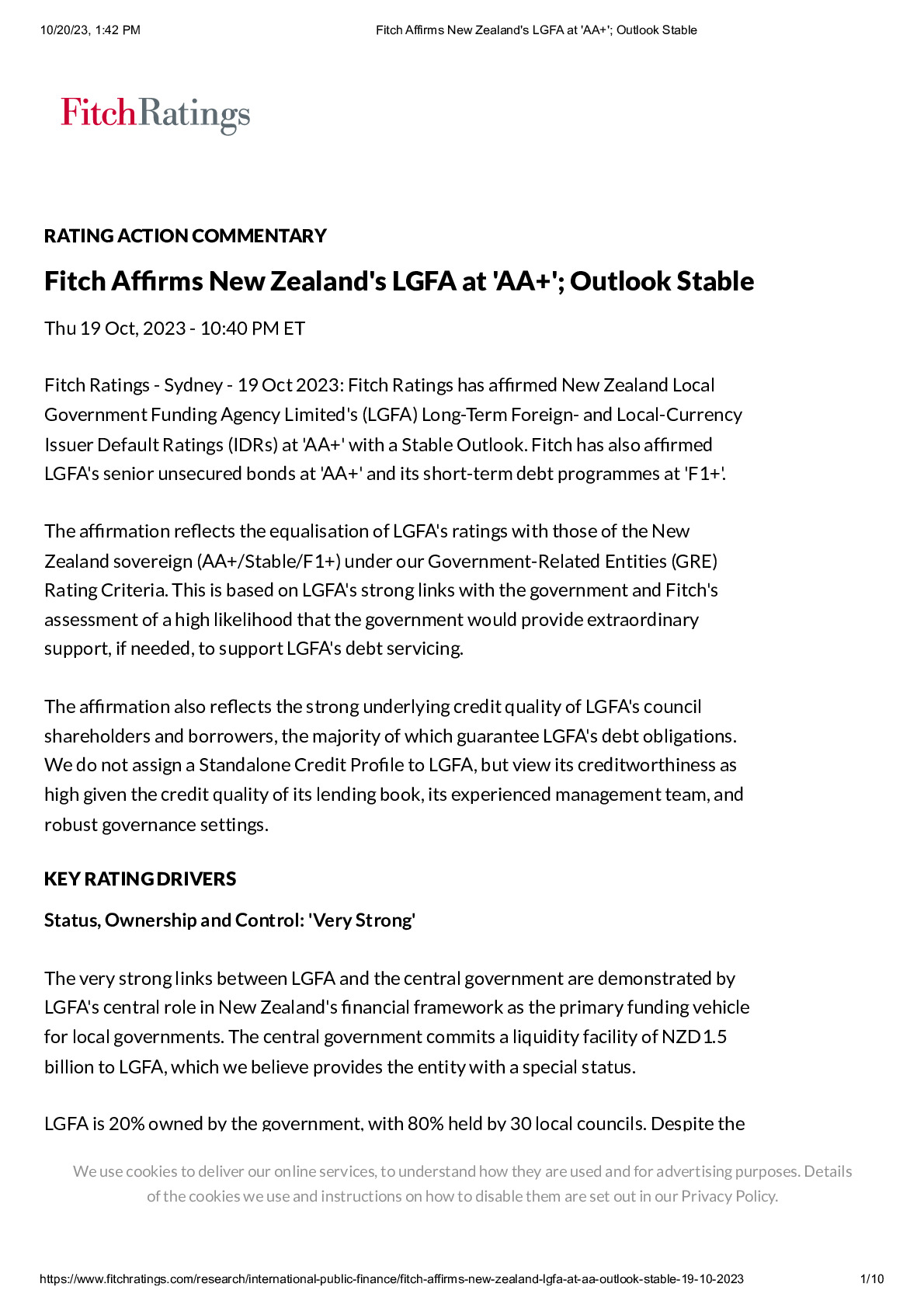 Fitch Affirms New Zealand's LGFA at 'AA+'; Outlook Stable_0