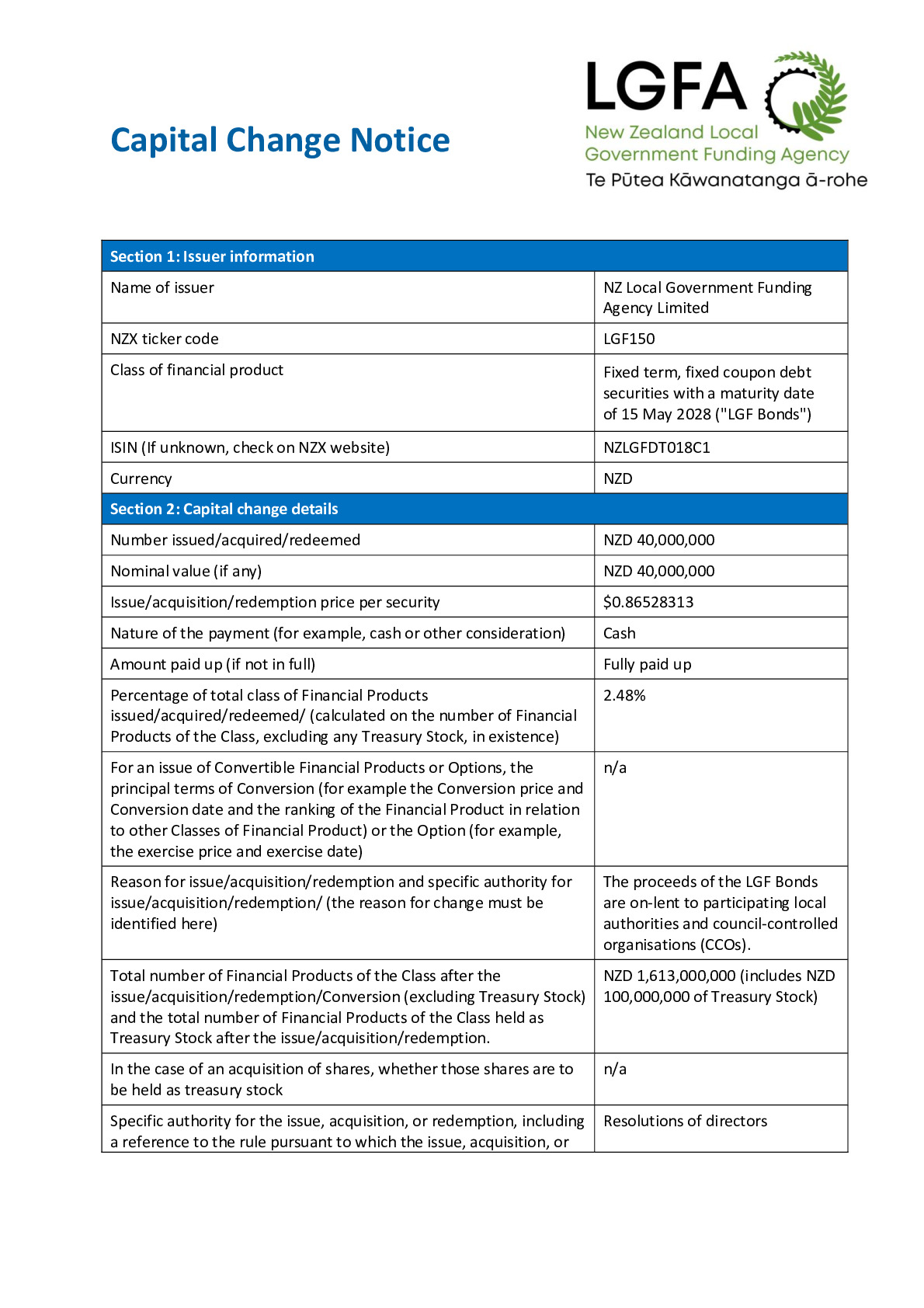NZX Capital Change Notice 15 May 2028 - Tender 102