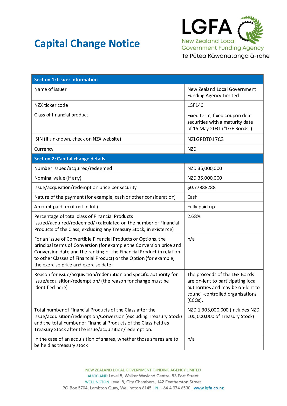 NZX Capital Change Notice 15 May 2031 - Tender 102