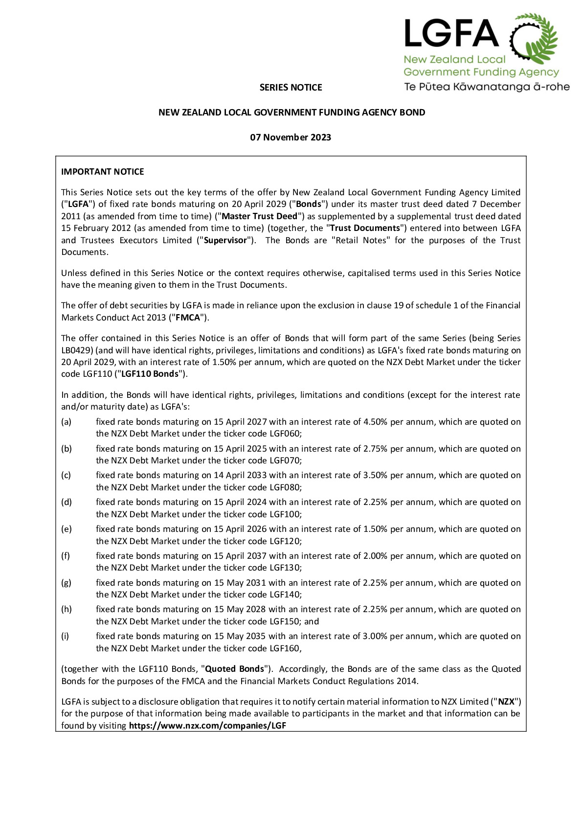 LGFA Series Notice 20 Apr 2029 - Tender 103