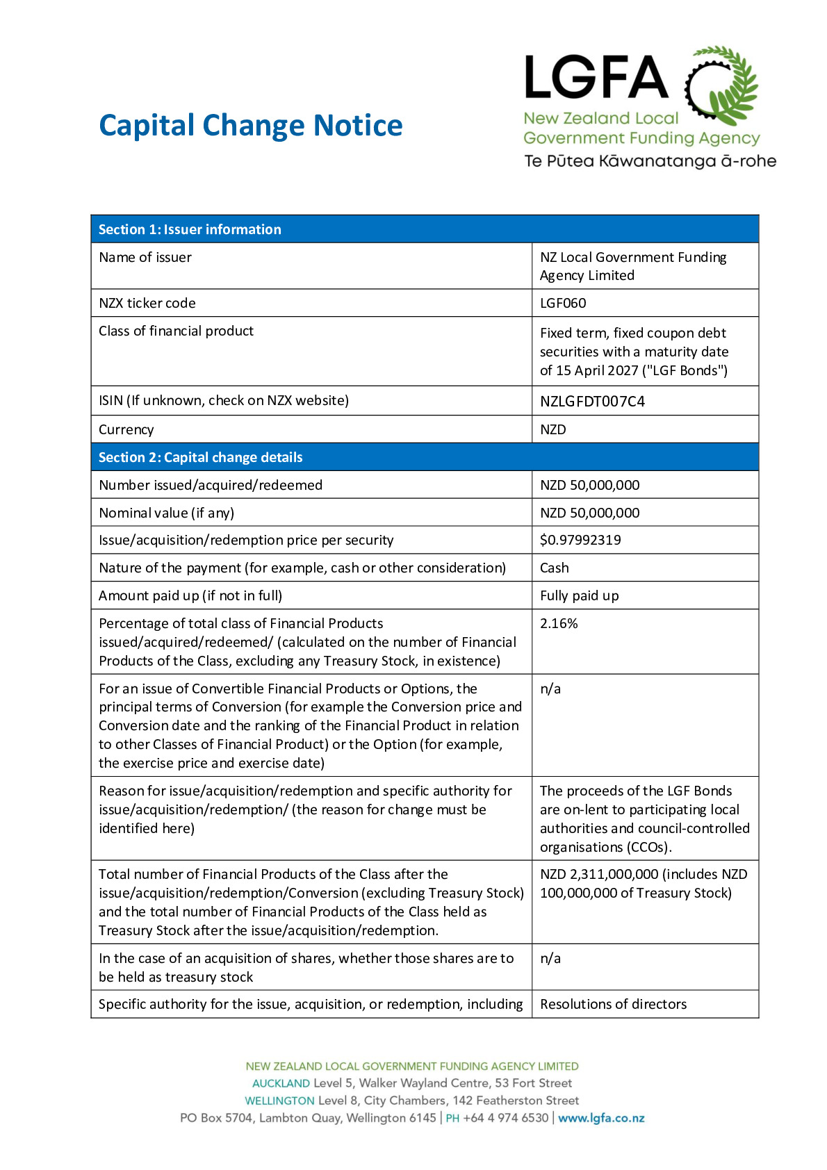 NZX Capital Change Notice 15 April 2027 - Tender 103