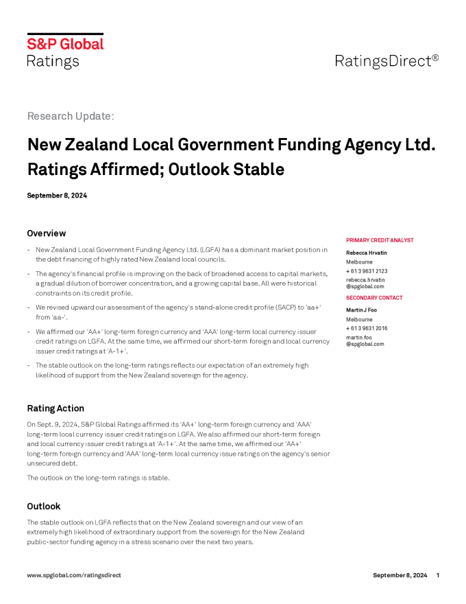 RatingsDirect_ResearchUpdateNewZealandLocalGovernmentFundingAgencyLtdRatingsAffirmedOutlookStable_59331573_Sep-09-2024.PDF