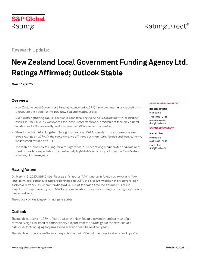 RatingsDirect_ResearchUpdate_NewZealandLocalGovernmentFundingAgencyLtd.RatingsAffirmed;OutlookStable_3338868_Mar-18-2025.pdf